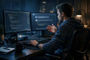 Programmatore che utilizza AI per scrivere codice in modalit&agrave; conversazionale