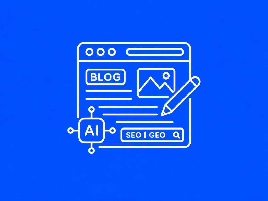Blog aziendale, SEO e AI Icona bianca su sfondo blu che rappresenta un blog aziendale ottimizzato per SEO, GEO e intelligenza artificiale