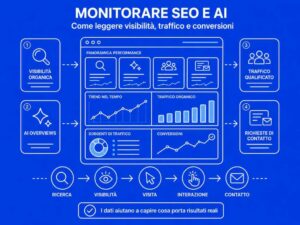 Dashboard che collega SEO, AI Overviews, traffico organico e richieste di contatto