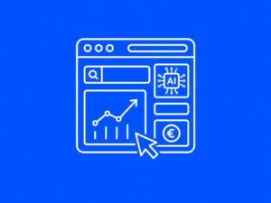 Icona bianca su sfondo blu che rappresenta campagne Google Ads con AI Max, budget e controllo dei risultati