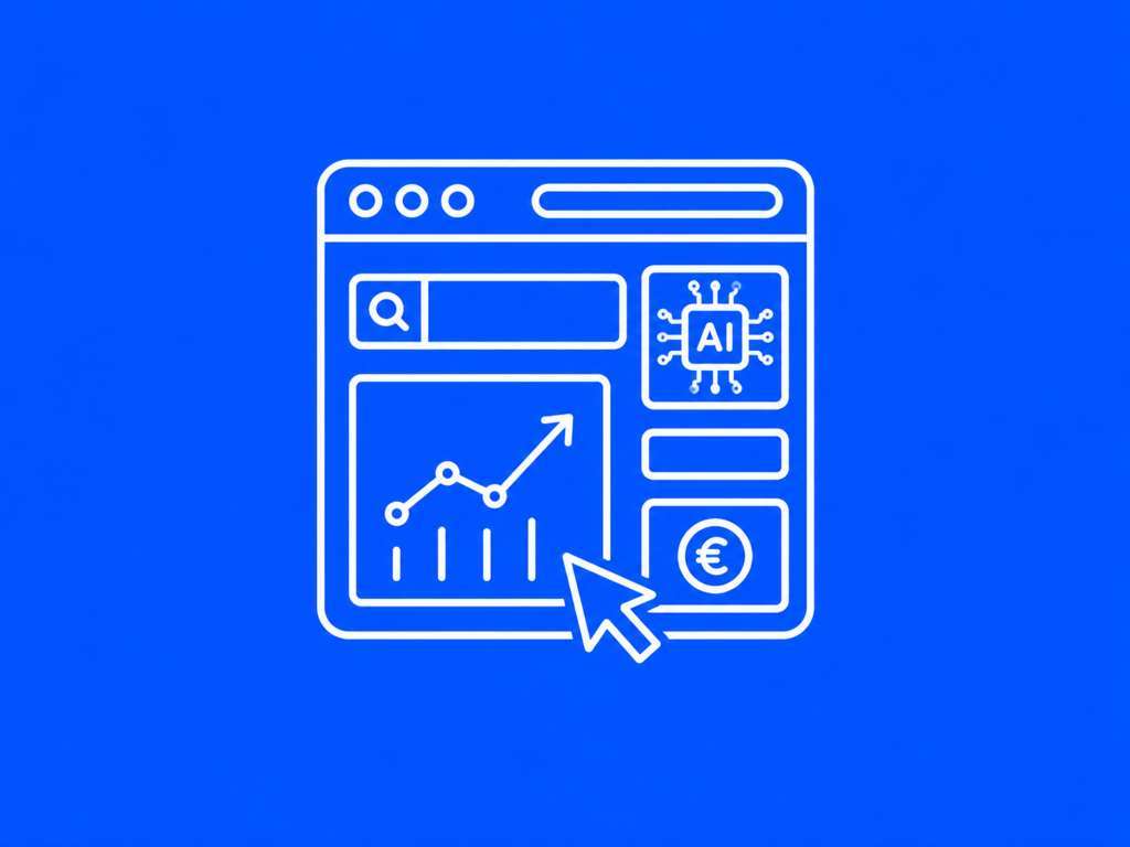 Icona bianca su sfondo blu che rappresenta campagne Google Ads con AI Max, budget e controllo dei risultati