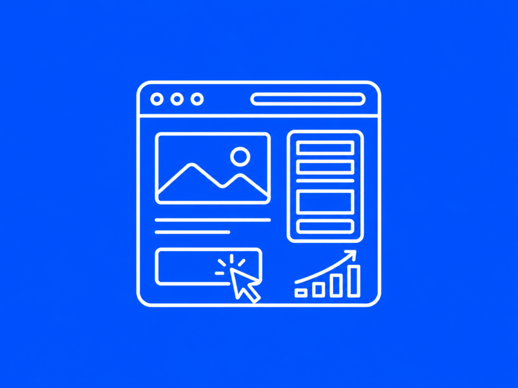 Icona bianca su sfondo blu che rappresenta una landing page con call to action, form e grafico di conversione
