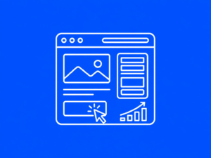Icona bianca su sfondo blu che rappresenta una landing page con call to action, form e grafico di conversione