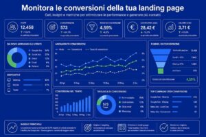 Dashboard per monitorare conversioni, lead, traffico e performance di una landing page Posizione: prima delle FAQ.