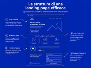 Schema della struttura di una landing page efficace con hero, offerta, benefici, prove di fiducia, CTA e form