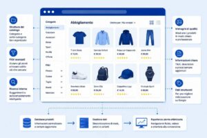 Schema visuale di un catalogo e-commerce strutturato con categorie, prodotti, filtri, immagini e dati collegati tra loro.