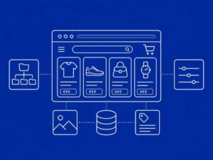 Schema visuale di un catalogo e-commerce strutturato con categorie, prodotti, filtri, immagini e dati collegati tra loro.