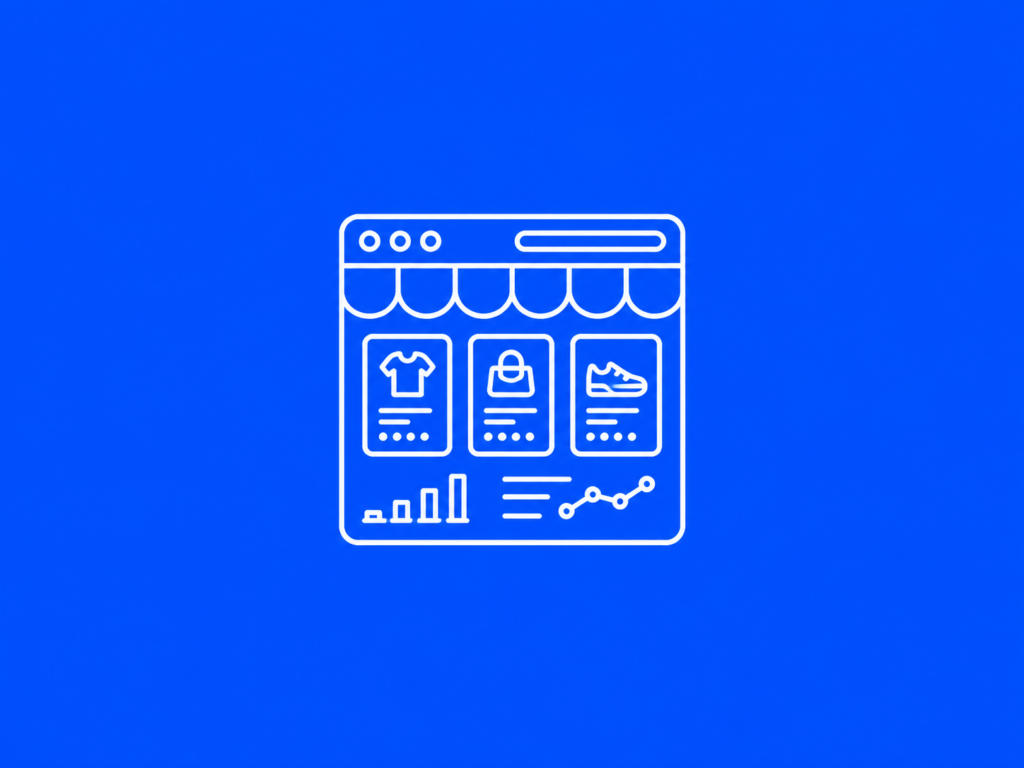 Icona bianca su sfondo blu che rappresenta un e-commerce con catalogo prodotti, immagini, dati e grafico di crescita