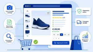 Schema visuale di una scheda prodotto e-commerce efficace con immagini, descrizione, prezzo, varianti, recensioni, garanzie e pulsanti di acquisto.