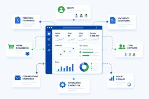 Schema di un software gestionale su misura che collega clienti, attivit&agrave;, documenti, team e report aziendali