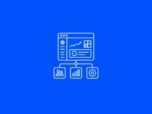 Icona bianca su sfondo blu che rappresenta un software gestionale su misura con dashboard, dati e flussi aziendali
