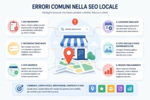 Infografica sugli errori SEO locale più comuni tra sito web, scheda Google, recensioni e dati aziendali Posizione: dopo il paragrafo “Gli errori che fanno perdere visibilità locale”