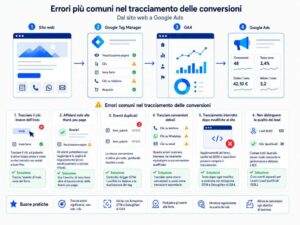 Infografica sugli errori più comuni nel tracciamento delle conversioni tra GA4, Google Ads e sito web Posizione: dopo il paragrafo “Gli errori di tracciamento più comuni”