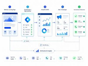 Schema del flusso di tracciamento tra sito web, Google Tag Manager, GA4, Google Ads e conversioni Posizione: dopo l&rsquo;introduzione