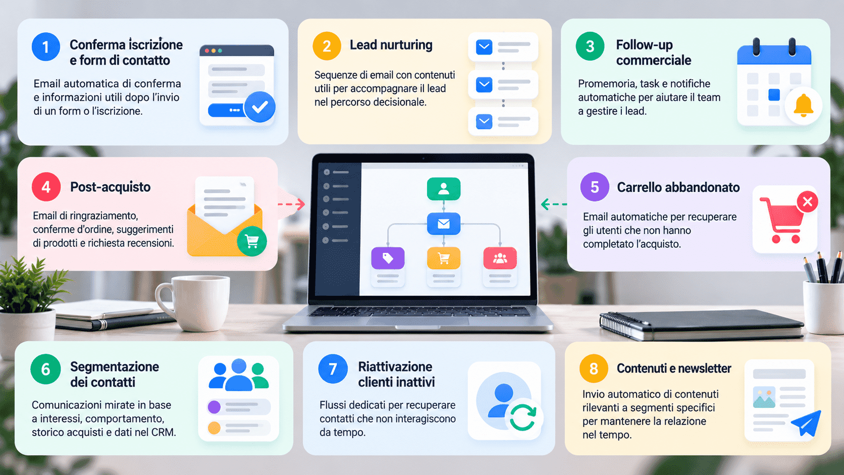 Infografica sulle automazioni marketing pi&ugrave; utili per PMI, e-commerce, lead e clienti ricorrenti