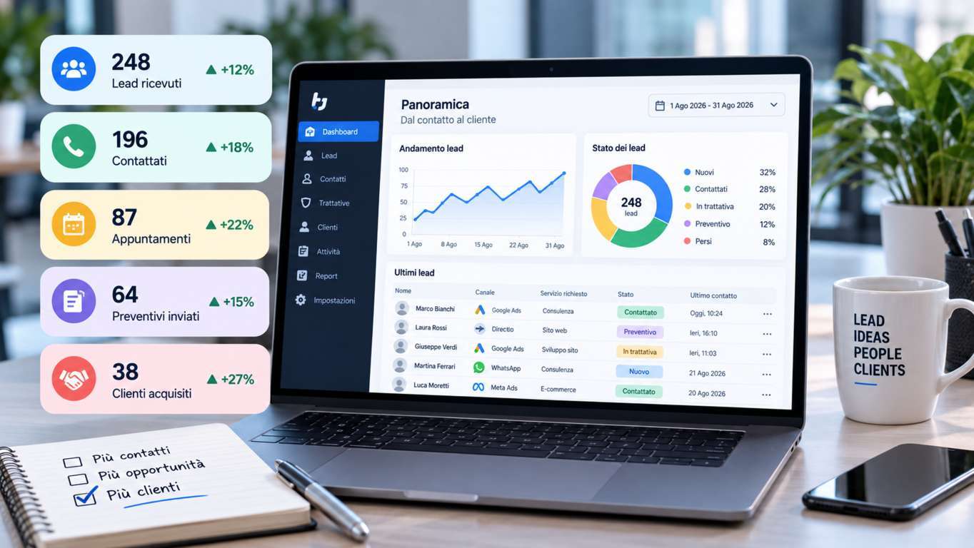 Dashboard CRM per monitorare lead, follow-up, tempi di risposta, qualità dei contatti e clienti acquisiti