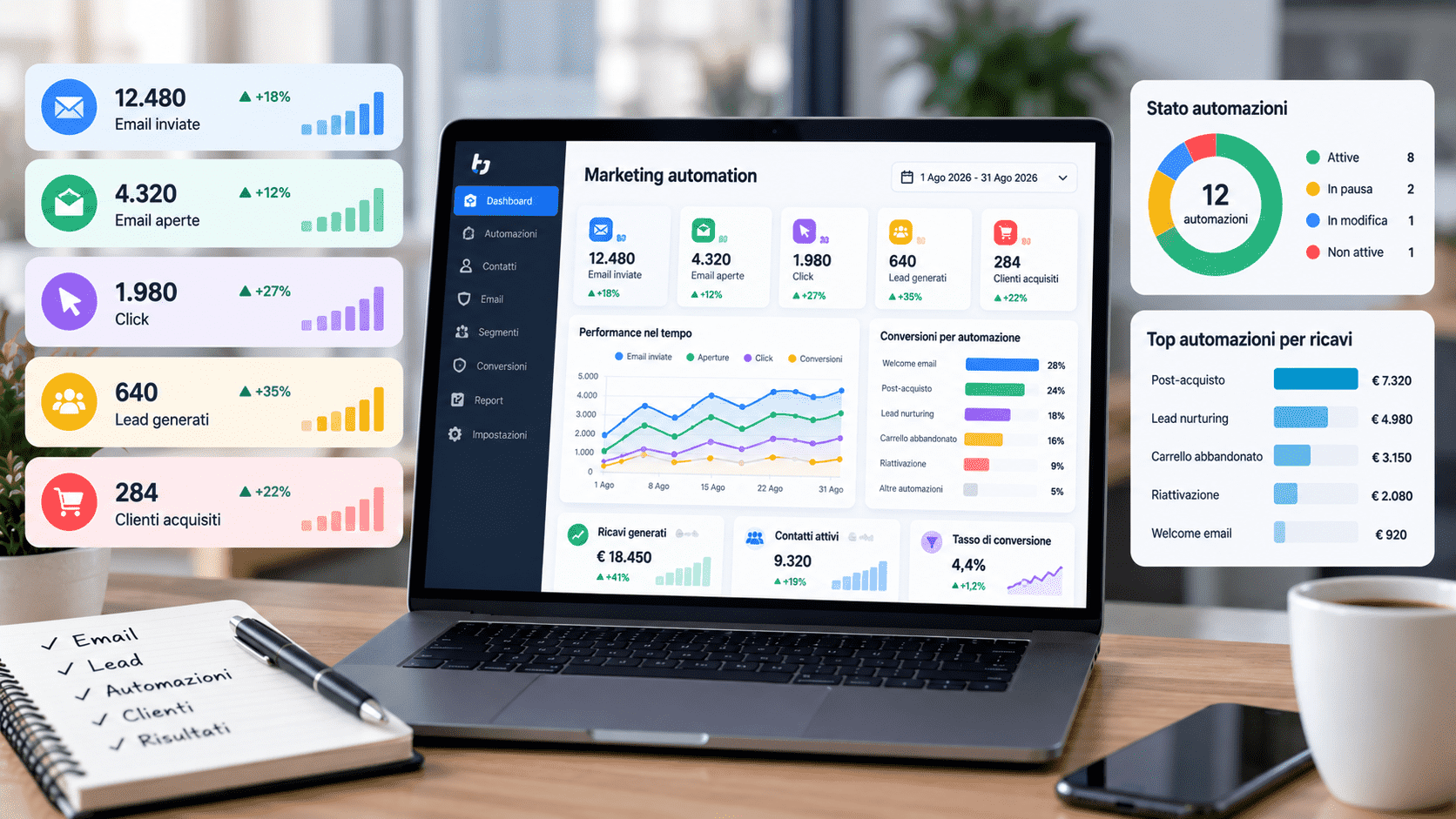 Dashboard per monitorare automazioni marketing, email, lead, conversioni, clienti e ricavi generati