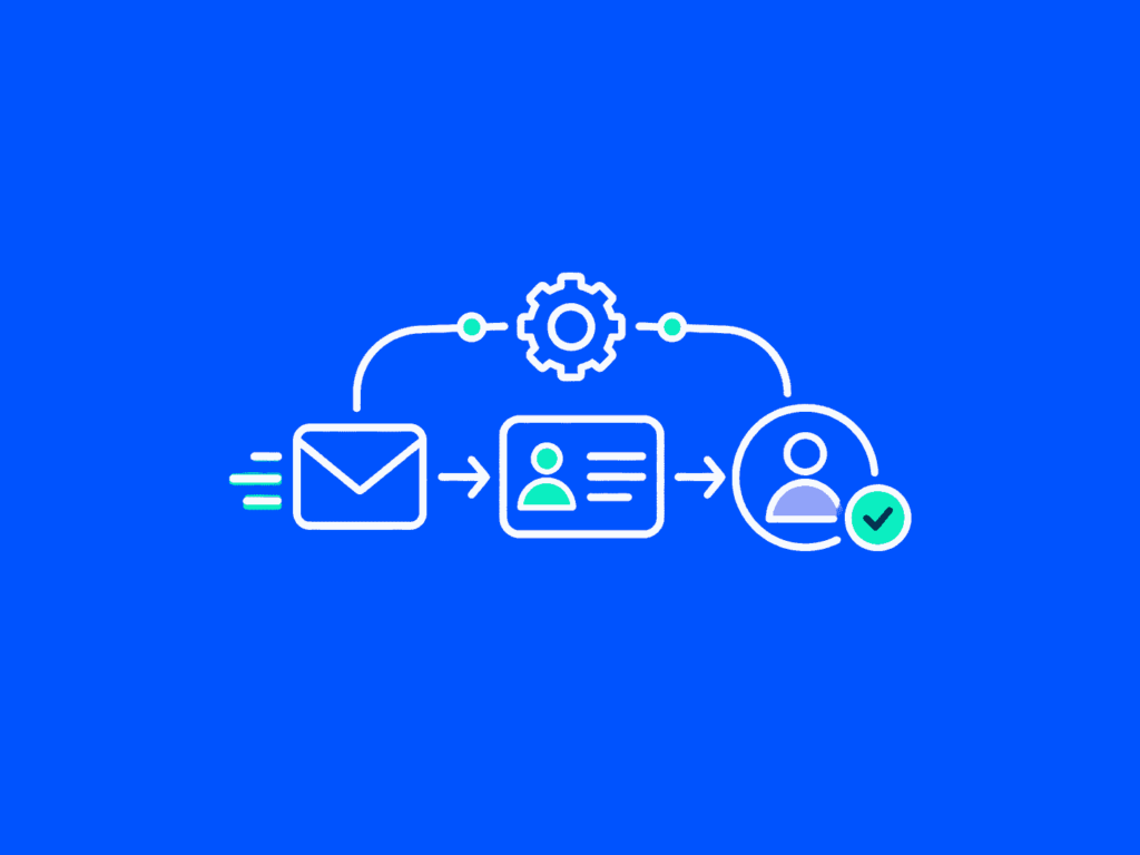 Icona su sfondo blu che rappresenta un flusso di marketing automation con email, CRM, follow-up e conversione cliente