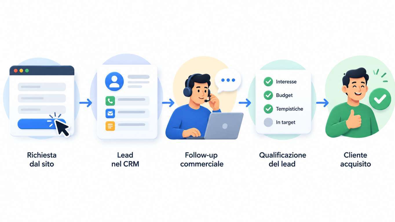 Schema del percorso di un lead dal form del sito al CRM, follow-up commerciale e conversione in cliente