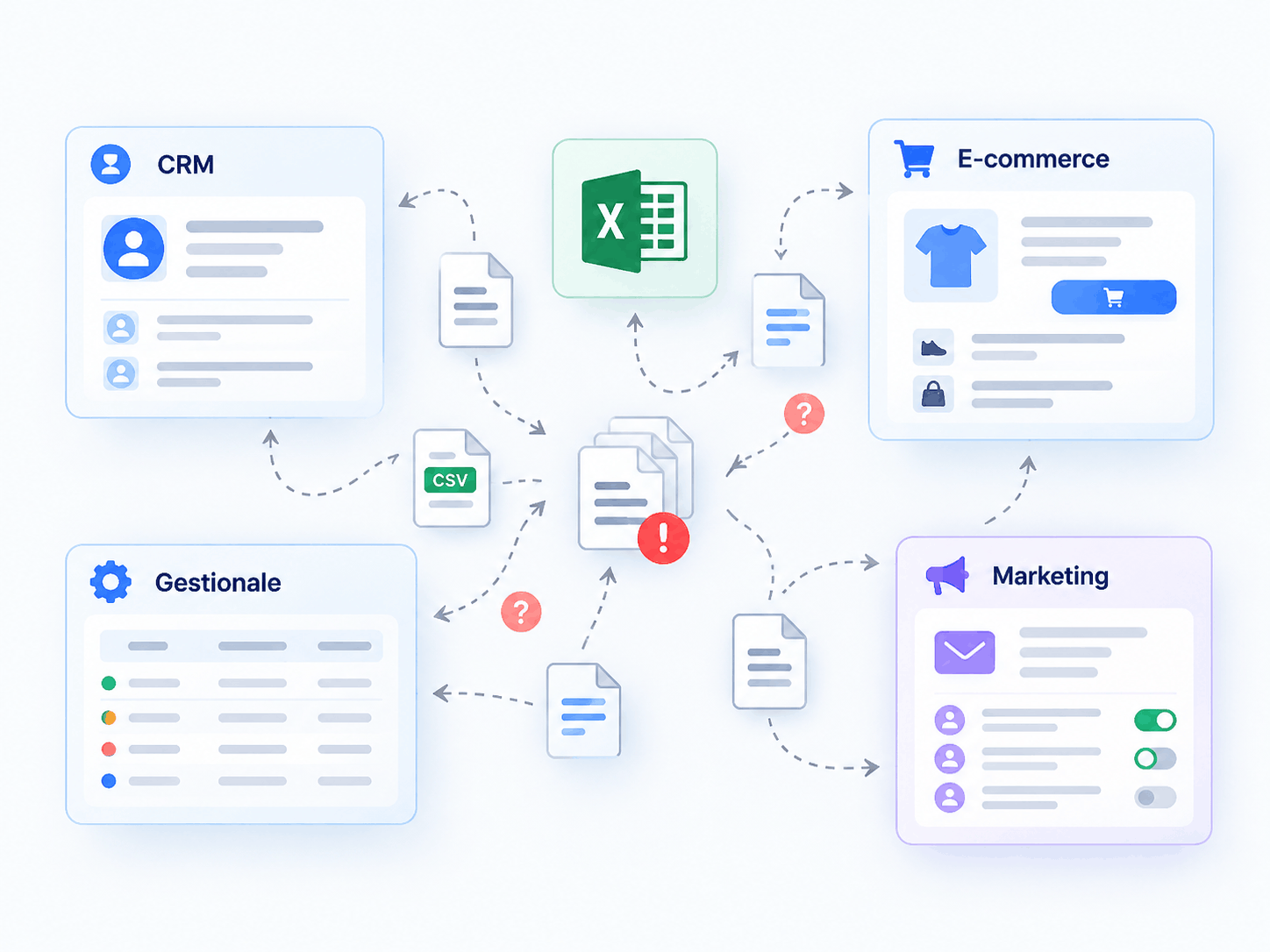 Schema di software aziendali separati con CRM, e-commerce, gestionale, fogli Excel e dati duplicati