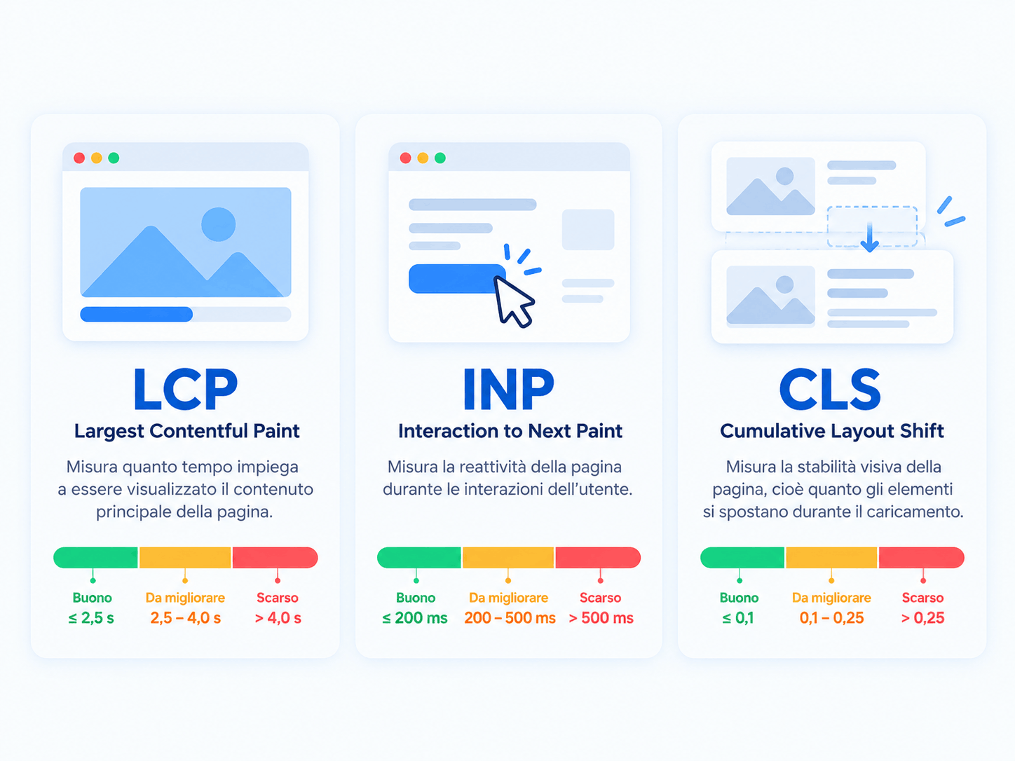 Infografica dei Core Web Vitals con LCP per il caricamento, INP per la reattività e CLS per la stabilità visiva delle pagine web.