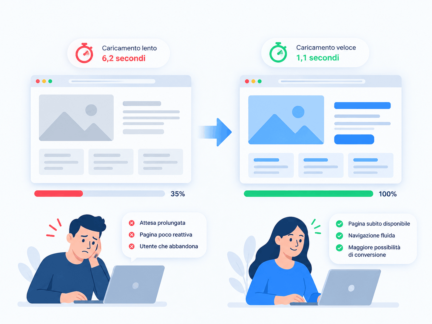 Confronto illustrato tra un sito web lento con caricamento di 6,2 secondi e uno veloce da 1,1 secondi, con differenti esperienze di navigazione.